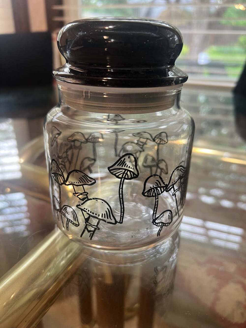 Vintage Mushroom Print Glass Storage Jar with Black Lid